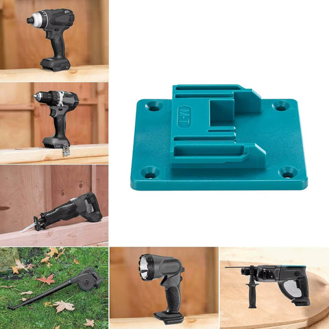Makita-hållare på väggen med skruvdragare, tigersåg och ficklampa