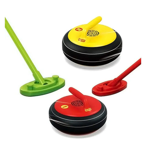 Två svävande curlingstenar, gul och röd, med klubbor