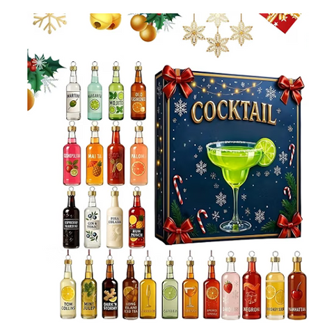 Cocktailkalender: mörkblå ask med ett grönt cocktailglas på framsidan, tolv flaskor till vänster om asken och tolv i en rad under den