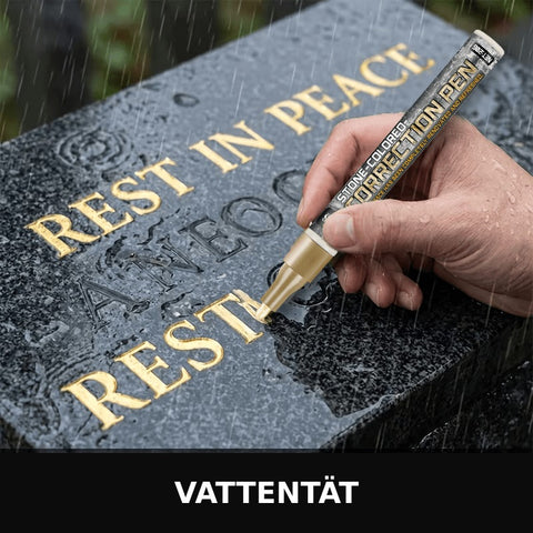 Gravstenspennan fyller i förgylld text på våt sten