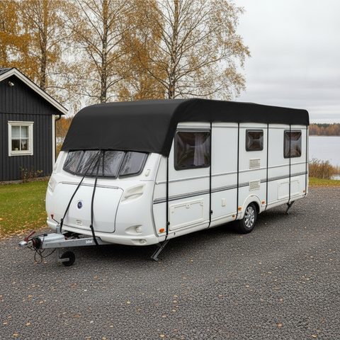 Husvagn med taköverdraget på grusplanen vid sjön